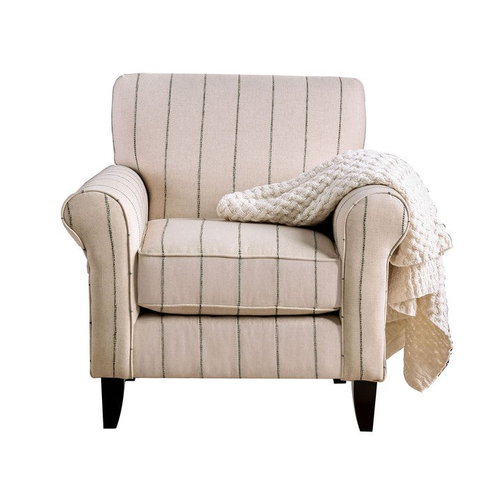 Chenille Fabric Upholstered Wooden Chair with Striped Details, Beige