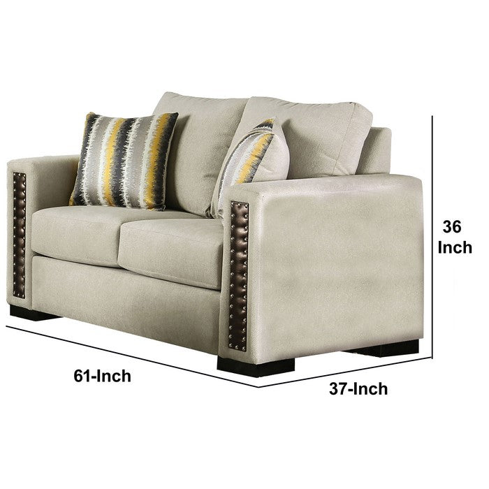 Chenille Fabric Upholstered Loveseat with Leatherette Panel, Beige