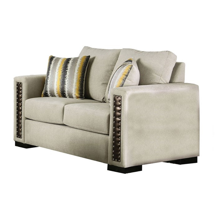 Chenille Fabric Upholstered Loveseat with Leatherette Panel, Beige