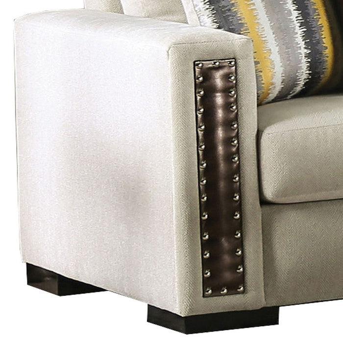 Chenille Fabric Upholstered Sofa with Leatherette Panel, Beige