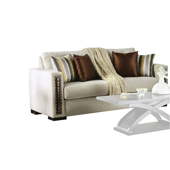 Chenille Fabric Upholstered Sofa with Leatherette Panel, Beige