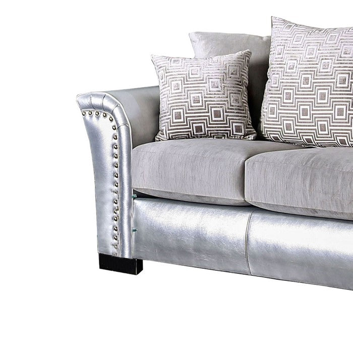 Fabric and Faux Leather Upholstered Loveseat, Silver and Gray