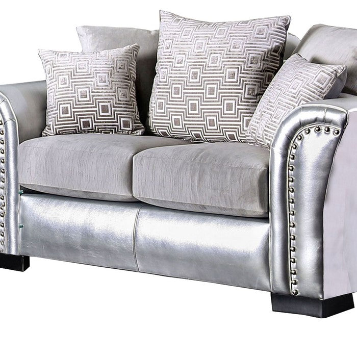 Fabric and Faux Leather Upholstered Loveseat, Silver and Gray