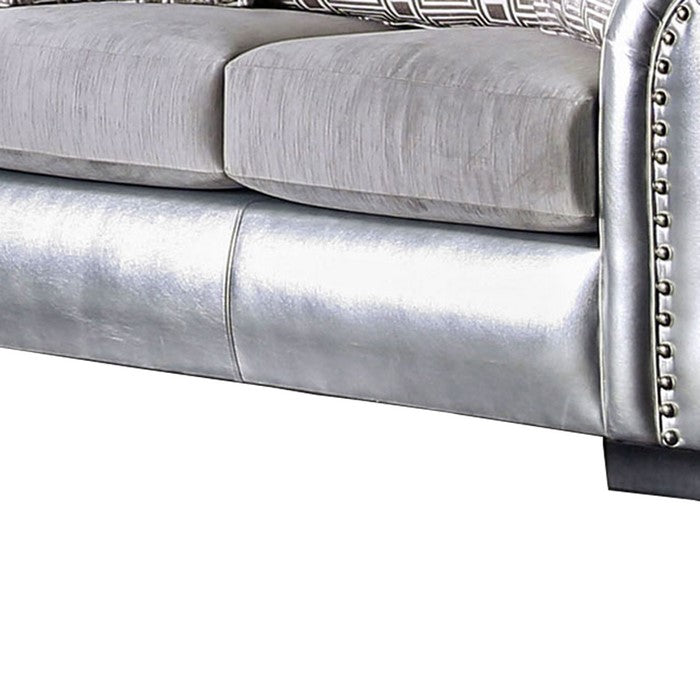Fabric and Faux Leather Upholstered Loveseat, Silver and Gray