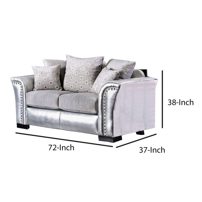 Fabric and Faux Leather Upholstered Loveseat, Silver and Gray