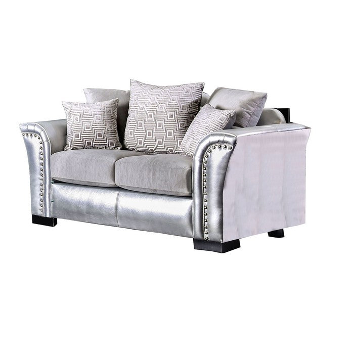 Fabric and Faux Leather Upholstered Loveseat, Silver and Gray