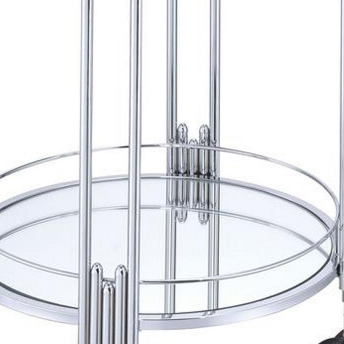 Metal and Mirror Round Serving Cart with Open Shelf, Silver
