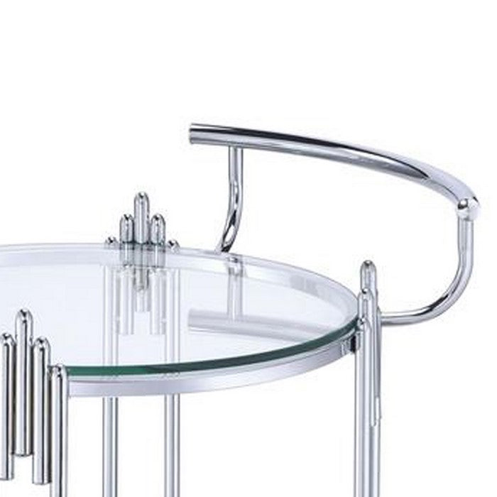 Metal and Mirror Round Serving Cart with Open Shelf, Silver