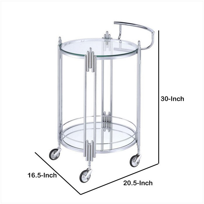 Metal and Mirror Round Serving Cart with Open Shelf, Silver
