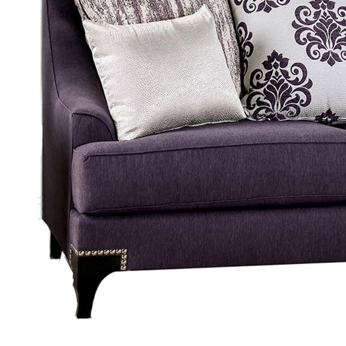 Fabric Upholstered Wooden Loveseat with Throw Pillows, Purple