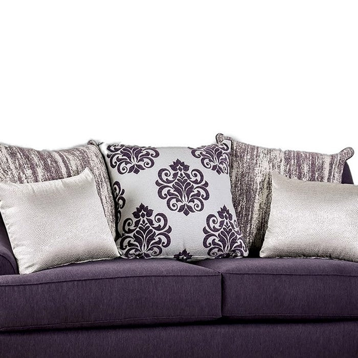 Fabric Upholstered Wooden Loveseat with Throw Pillows, Purple