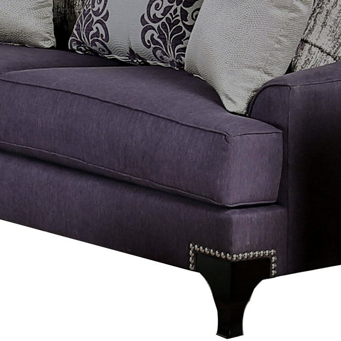 Fabric Upholstered Wooden Loveseat with Throw Pillows, Purple