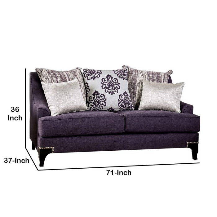 Fabric Upholstered Wooden Loveseat with Throw Pillows, Purple