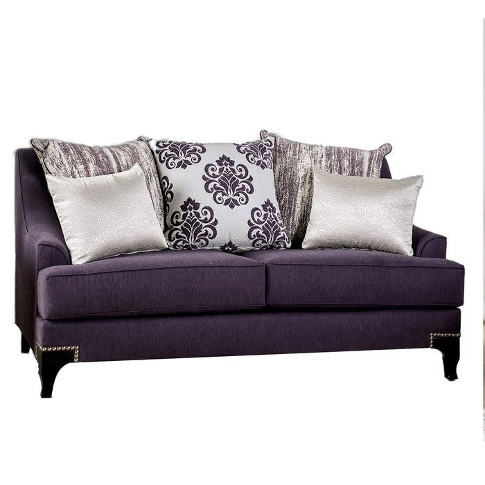 Fabric Upholstered Wooden Loveseat with Throw Pillows, Purple