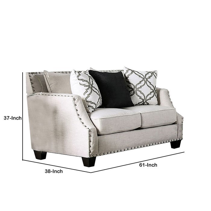 Fabric Upholstered Wooden Loveseat with Nailhead Trim, Beige