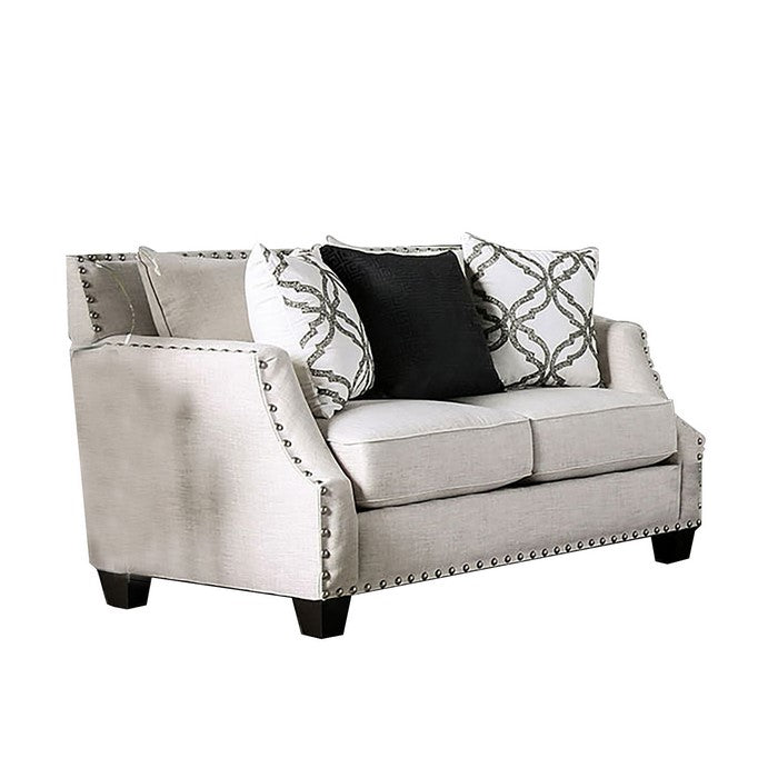 Fabric Upholstered Wooden Loveseat with Nailhead Trim, Beige