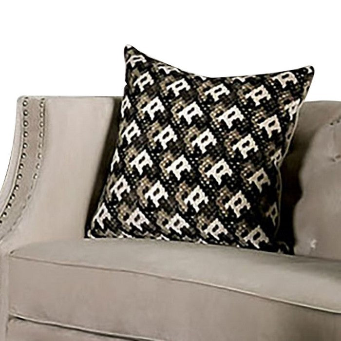 Fabric Upholstered Wooden Loveseat with Sloping Tufted Back, Beige