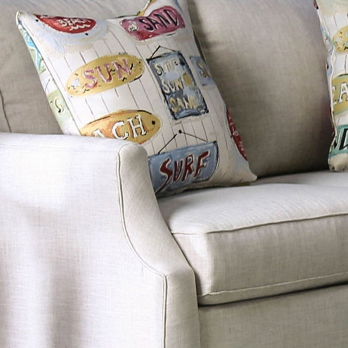 Fabric Upholstered Wooden Loveseat with S Sloped Armrest, Beige
