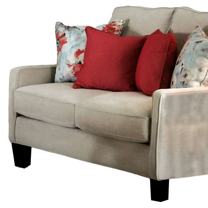 Fabric Upholstered Wooden Loveseat with Throw Pillows, Beige