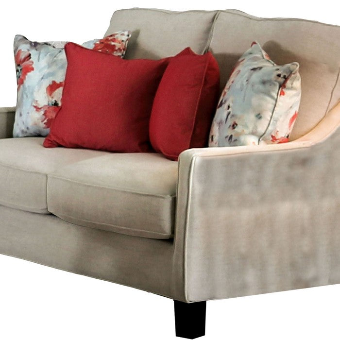 Fabric Upholstered Wooden Loveseat with Throw Pillows, Beige