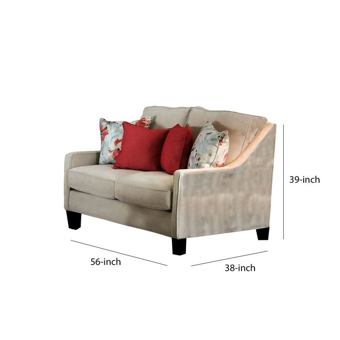 Fabric Upholstered Wooden Loveseat with Throw Pillows, Beige