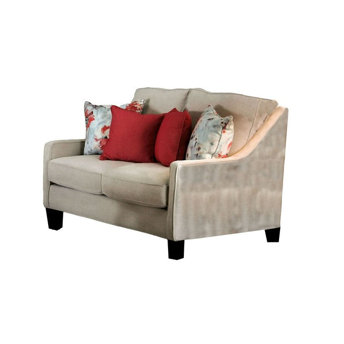 Fabric Upholstered Wooden Loveseat with Throw Pillows, Beige