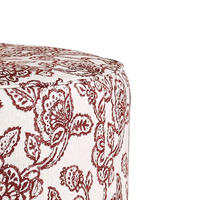 Fabric Upholstered Round Ottoman with Floral Pattern, Red and Cream