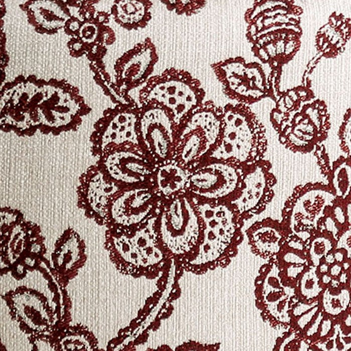 Fabric Upholstered Round Ottoman with Floral Pattern, Red and Cream