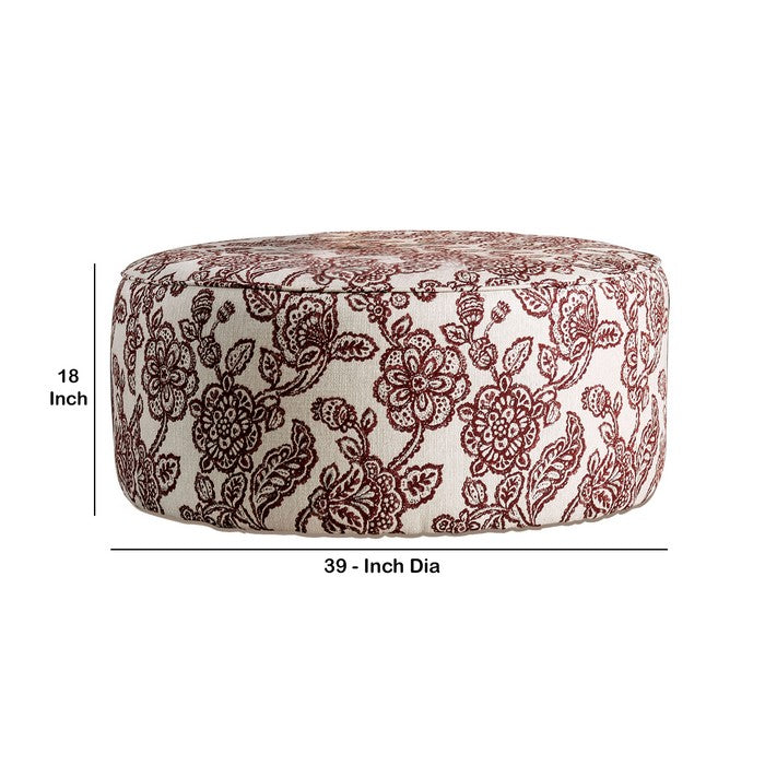 Fabric Upholstered Round Ottoman with Floral Pattern, Red and Cream