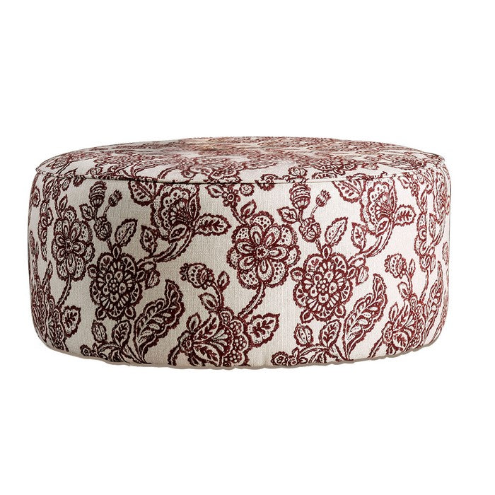 Fabric Upholstered Round Ottoman with Floral Pattern, Red and Cream