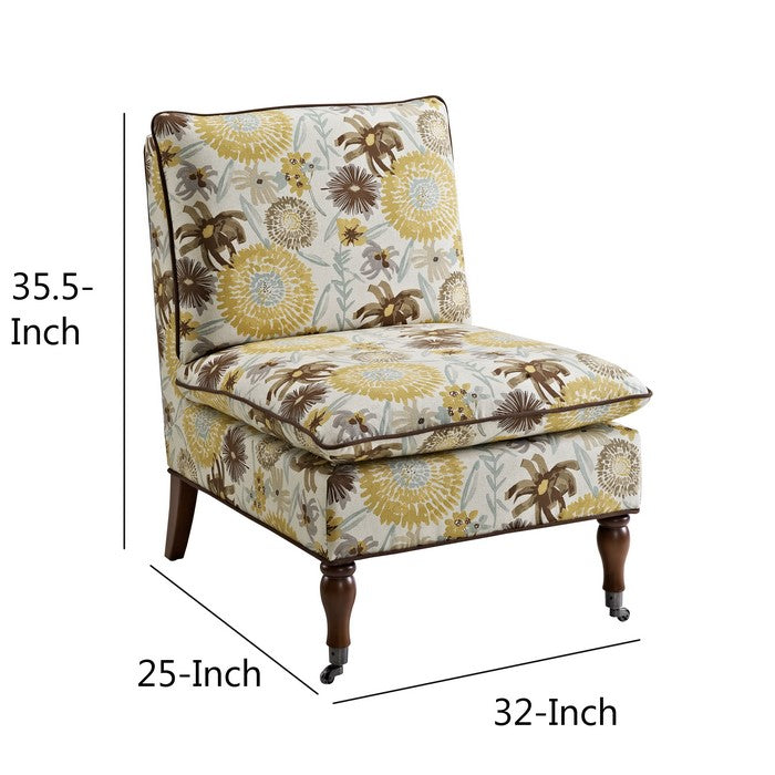 Fabric Upholstered Wooden Slipper Chair with Floral Motifs,Multicolor