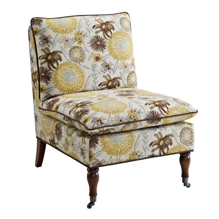 Fabric Upholstered Wooden Slipper Chair with Floral Motifs,Multicolor