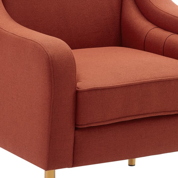Contemporary Wooden Accent Chair with Swooping Armrest,Orange and Gold