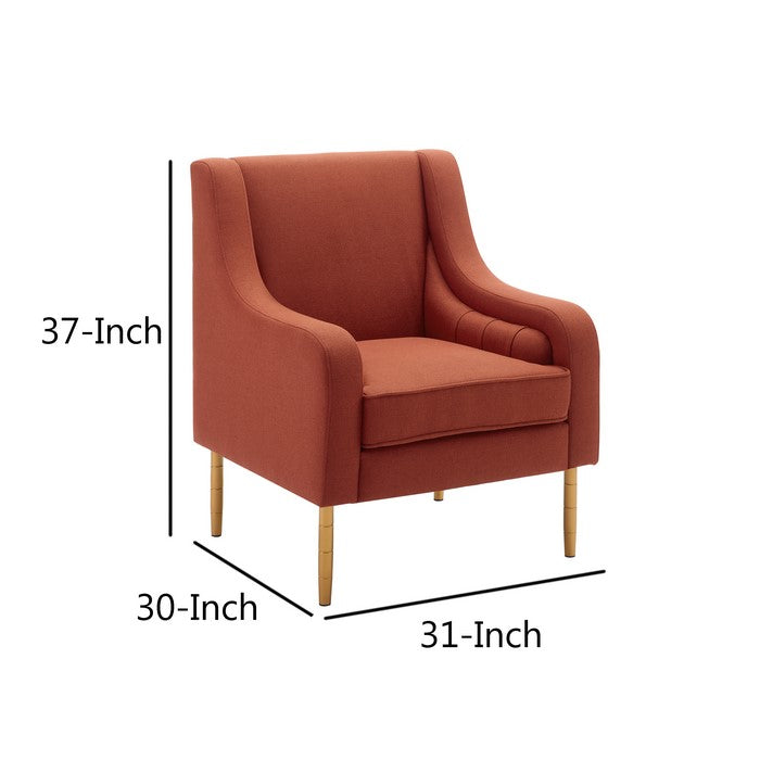 Contemporary Wooden Accent Chair with Swooping Armrest,Orange and Gold