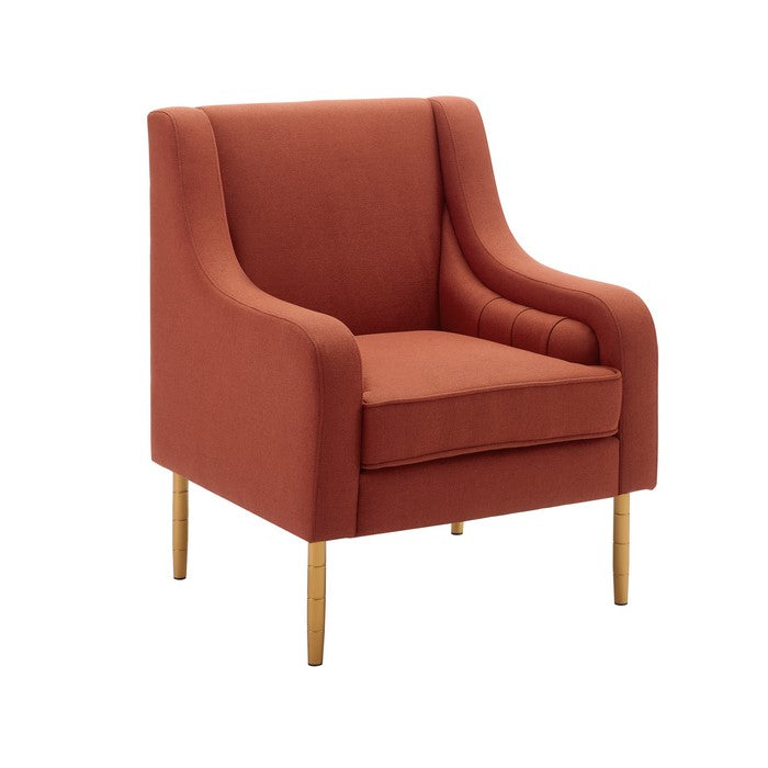Contemporary Wooden Accent Chair with Swooping Armrest,Orange and Gold