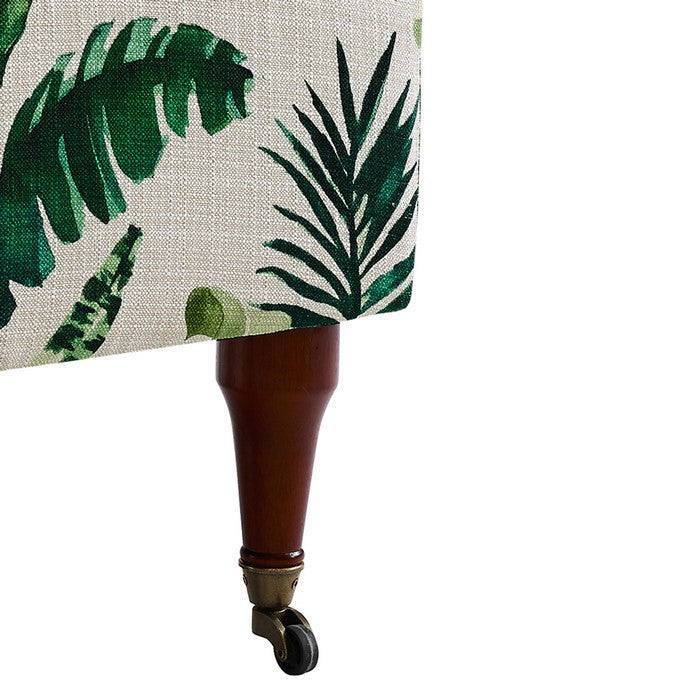 Polyester Upholstered Wooden Arm Chair with Leaf Motif,White and Green