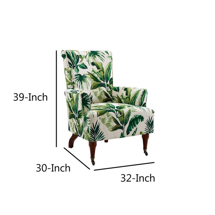 Polyester Upholstered Wooden Arm Chair with Leaf Motif,White and Green
