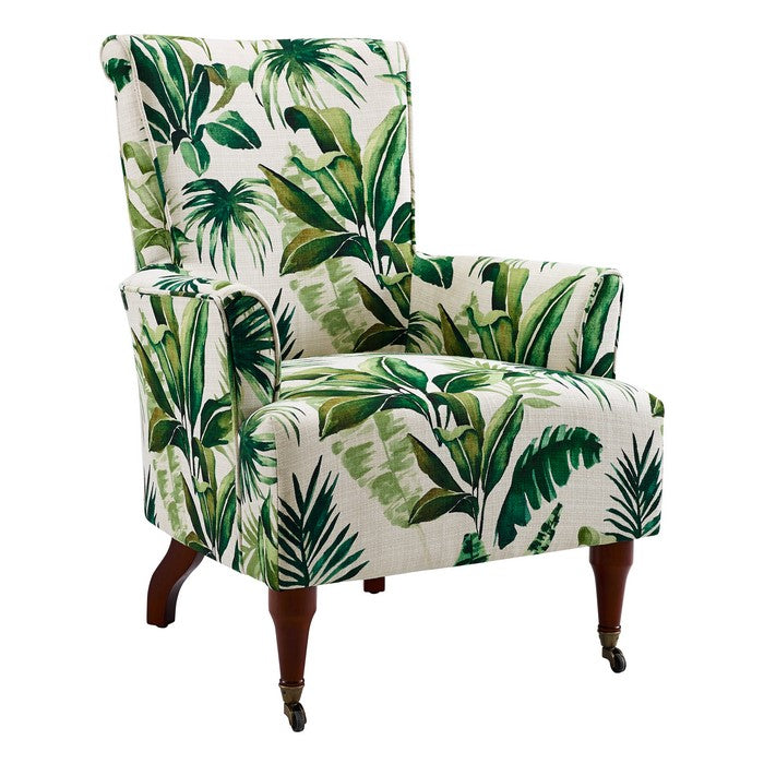 Polyester Upholstered Wooden Arm Chair with Leaf Motif,White and Green