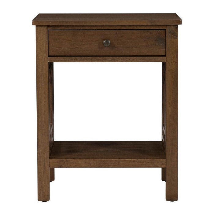 Wooden End Table with Geometric Detailed Sides and A Drawer, Brown
