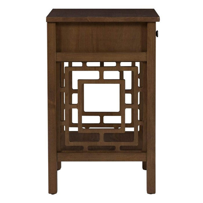 Wooden End Table with Geometric Detailed Sides and A Drawer, Brown
