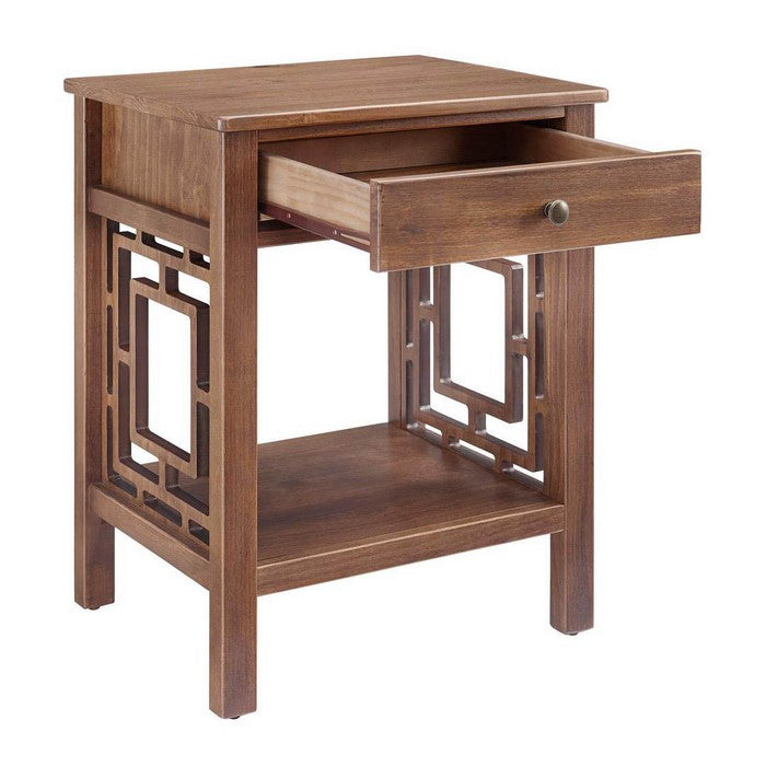 Wooden End Table with Geometric Detailed Sides and A Drawer, Brown