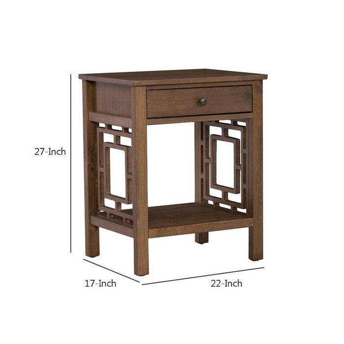 Wooden End Table with Geometric Detailed Sides and A Drawer, Brown