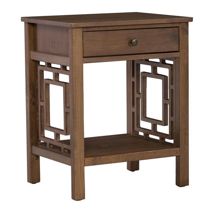 Wooden End Table with Geometric Detailed Sides and A Drawer, Brown