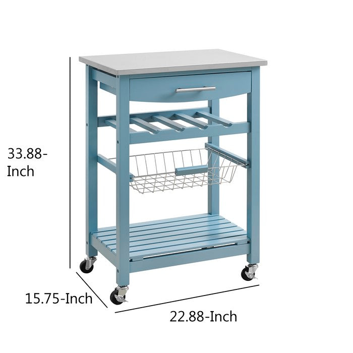 Contemporary Kitchen Island with Stainless Steel Top and Casters, Blue
