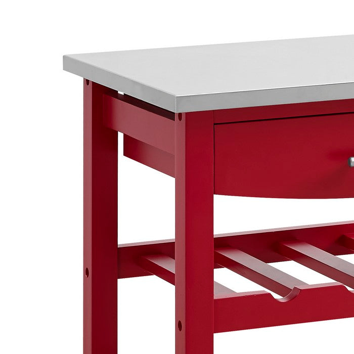 Contemporary Kitchen Island with Stainless Steel Top and Casters, Red
