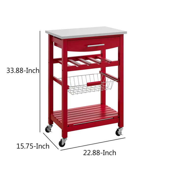 Contemporary Kitchen Island with Stainless Steel Top and Casters, Red