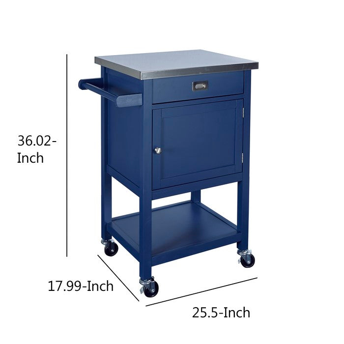 Contemporary Kitchen Cart with Stainless Steel Top and Casters, Blue