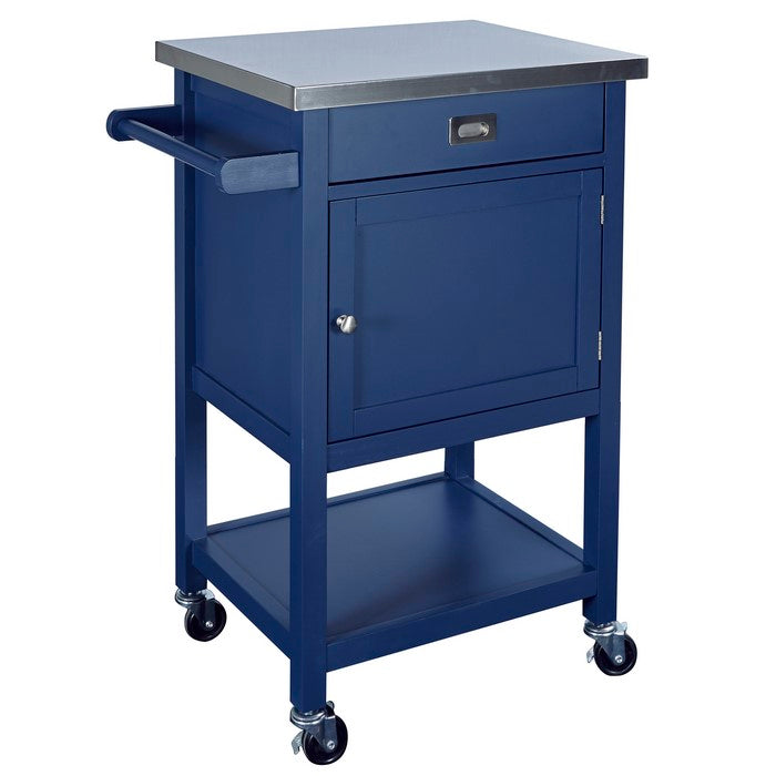 Contemporary Kitchen Cart with Stainless Steel Top and Casters, Blue
