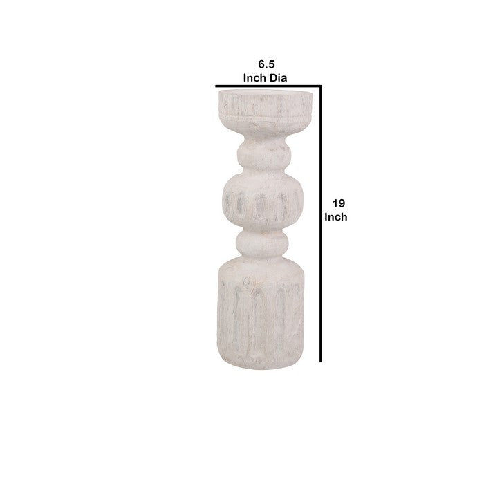 Pedestal Shape Polyresin Candle Holder with Fluted Design, White