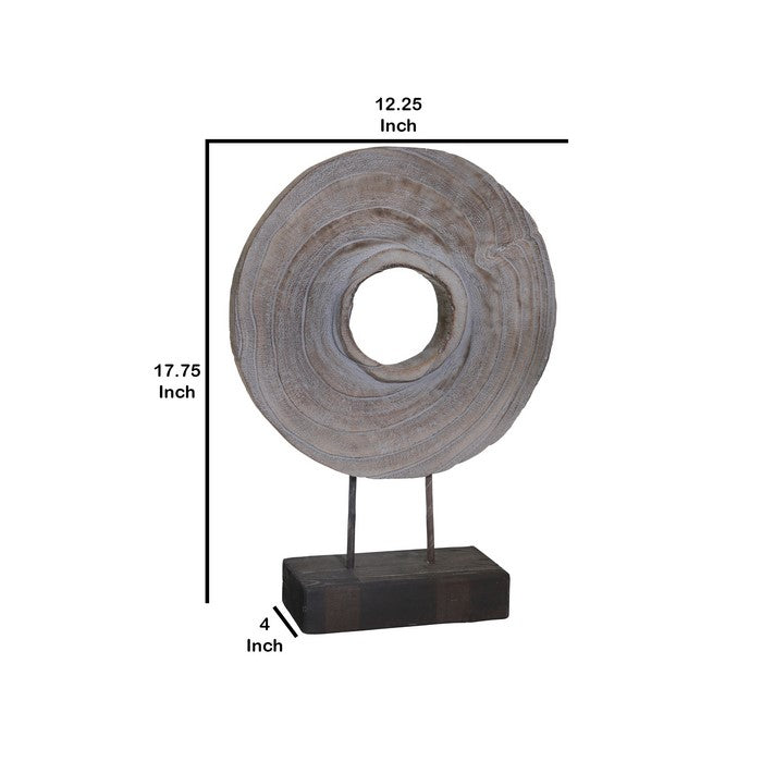 Wooden Doughnut Shaped Disk Table Top Decor with Stand Support, Gray